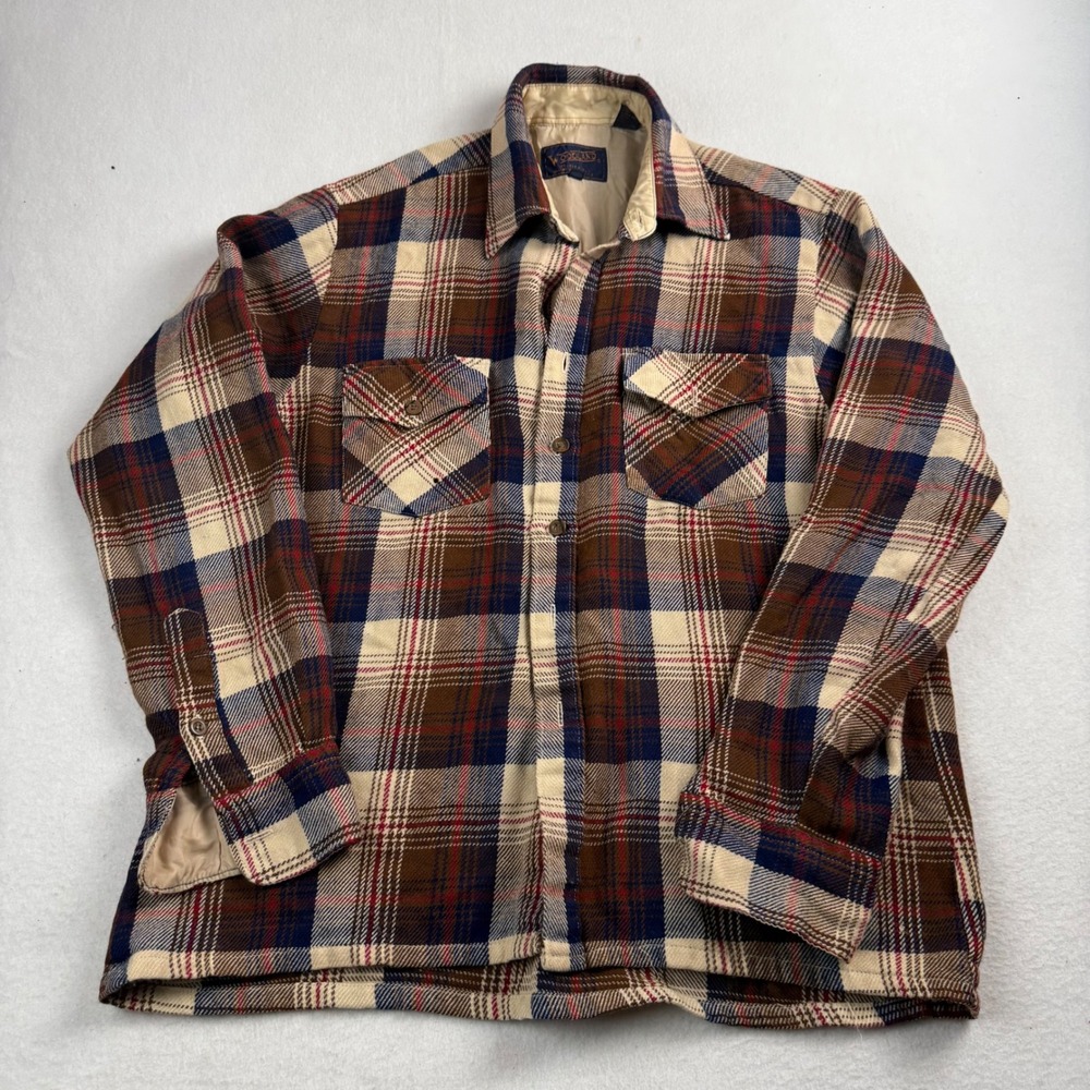 Woodland Vintage Mens Plaid Flannel Shirt‎ Brown Blue Acrylic Size M Medium